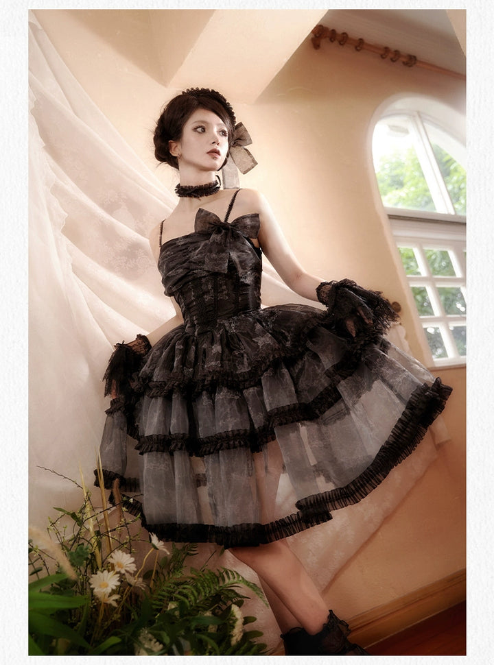 With PUJI~Butterfly Dream SP~Classic Lolita JSK Dress Fishbone Black Dress   