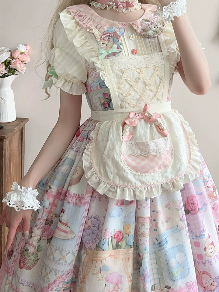 Mewroco~Country Patchwork~Sweet Lolita Dress Set Print OP SK Shirt and Camisole