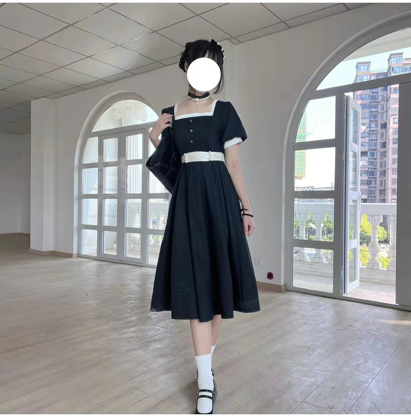 (BFM)HuTaoMuJK~Thoughts~Vintage Lolita OP Dress Square Neckline Black Lolita Dress   