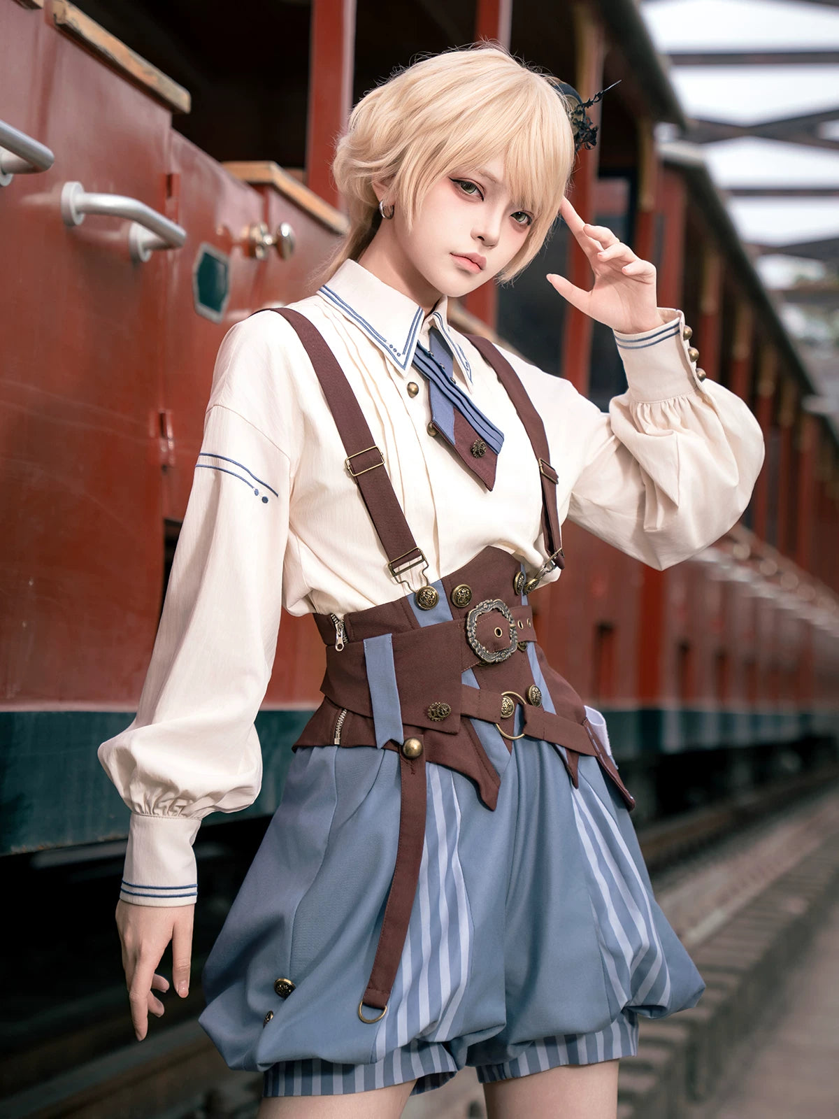 Poem of Wind & Compass - Ouji Lolita Blouse & Faux-Suspender Bloom Shorts Set 45919:868254