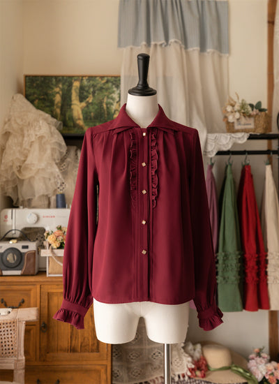 Forest Wardrobe~Forest Basket~Elegant Lolita Shirt Retro Dual Collar Versatile Shirt S Burgundy 