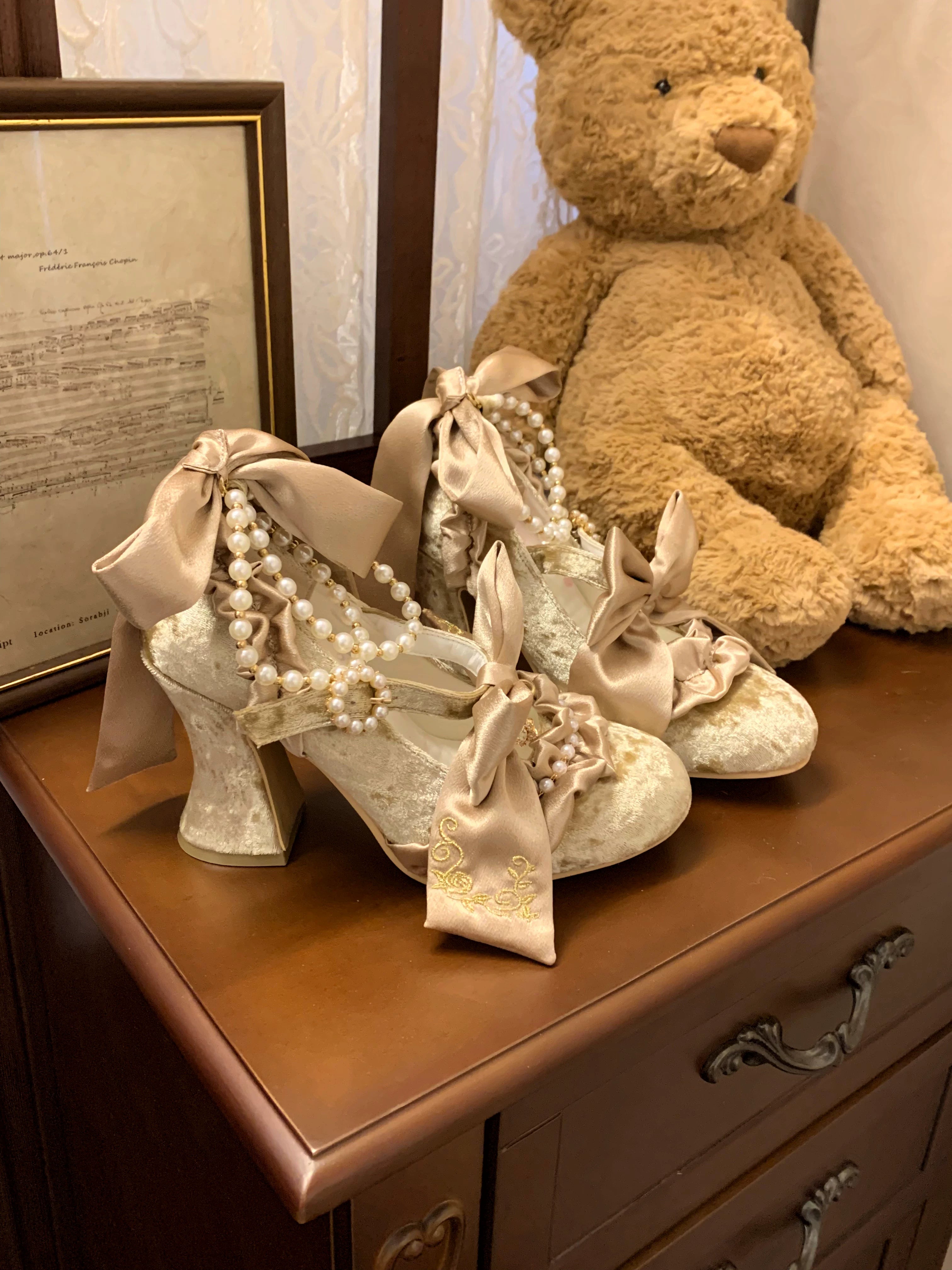 Ribbon Anthem - Wedding Classic Lolita Heels, Detachable Bow & Pearl Ribbon (Gold / 34 35 36 37 38 39 40 41) 44844:825871