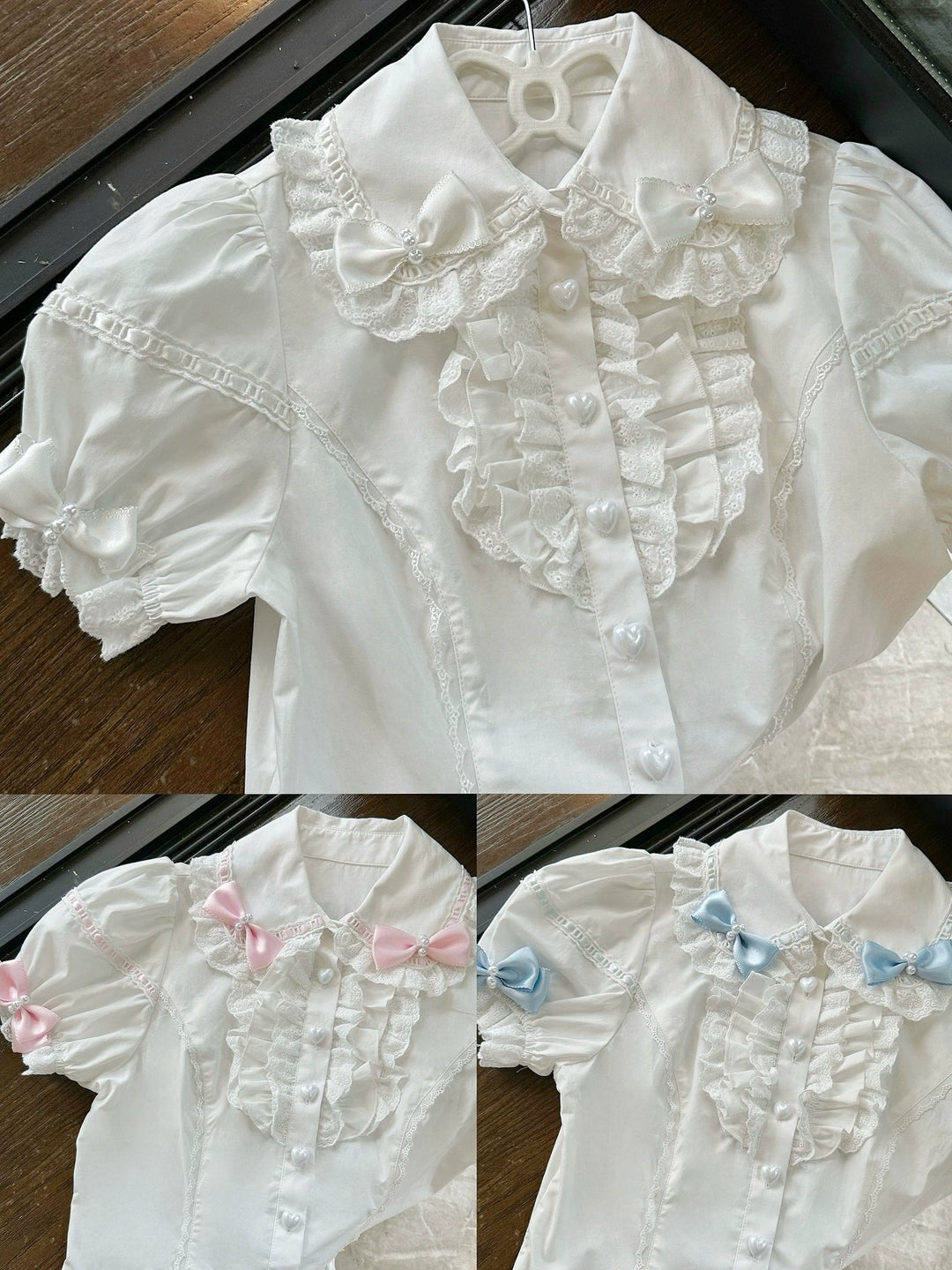 Mengfuzi~Showa Doll~Sweet Lolita Blouse Pearl Lace Shirt with Detachable Sleeves (2XL L M S XL) 39978:648702