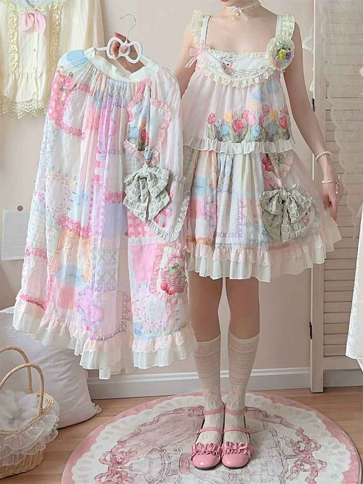 Mewroco~Country Patchwork~Sweet Lolita Dress Set Print OP SK Shirt and Camisole