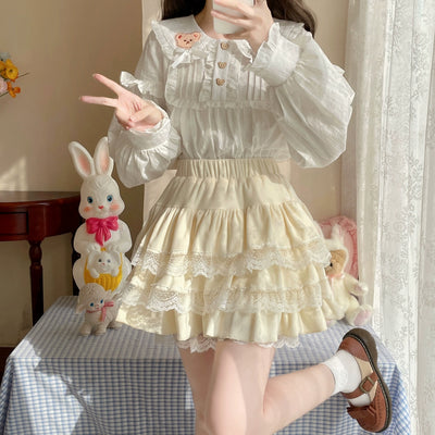 Sugar Girl~Kawaii Lolita Skirt Lace Cake Short SK Free size Off-white [premium version] 