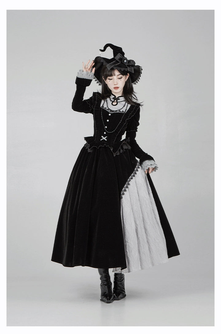 With Puji~Innocent Talk~Halloween Chinese Style Lolita OP Black-silver Gray Dress   