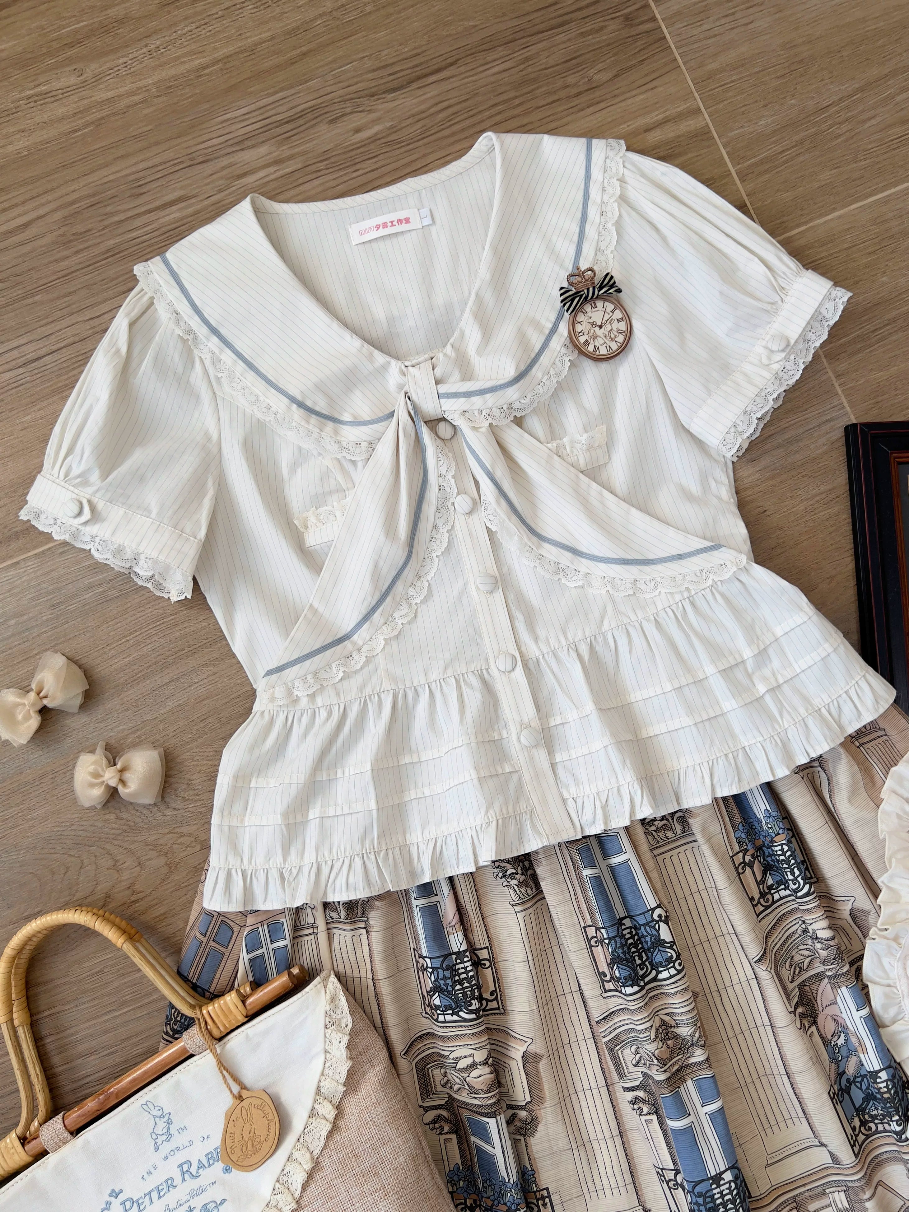 Cotton Kawaii Lolita Blouse, Lace Sailor Collar 45787:862418