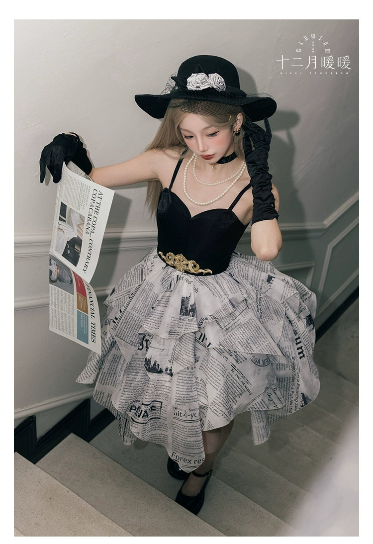 Nikki Tomorrow~Modern News~Retro Lolita JSK Irregular Print Dress with Pearl Choker