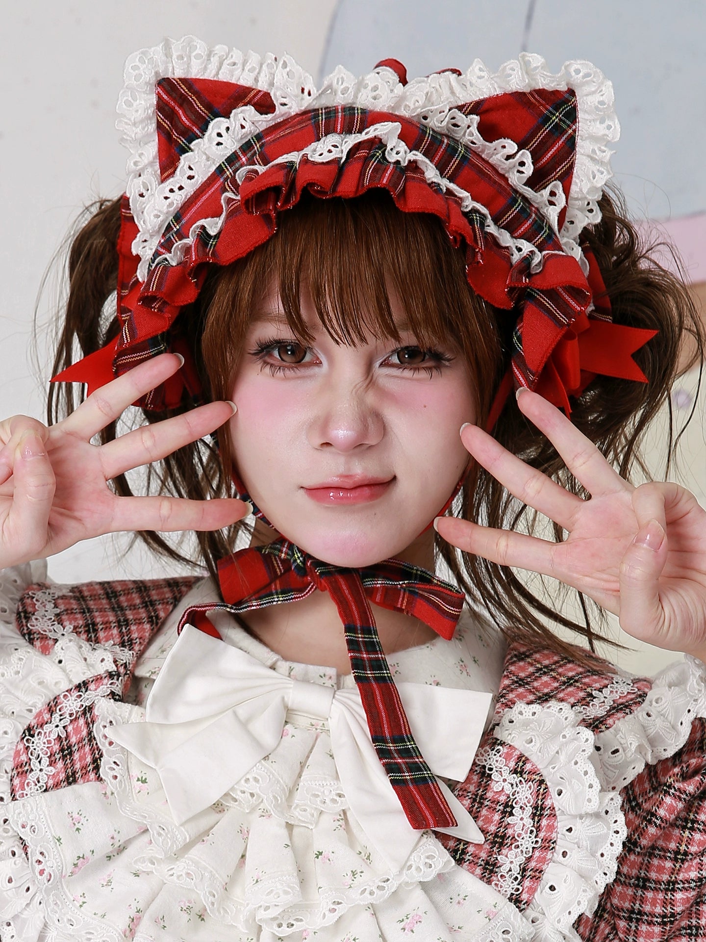 Soso Meme Club - Christmas Sweet Lolita Hairband, Red Plaid Cat Ear 44110:795053