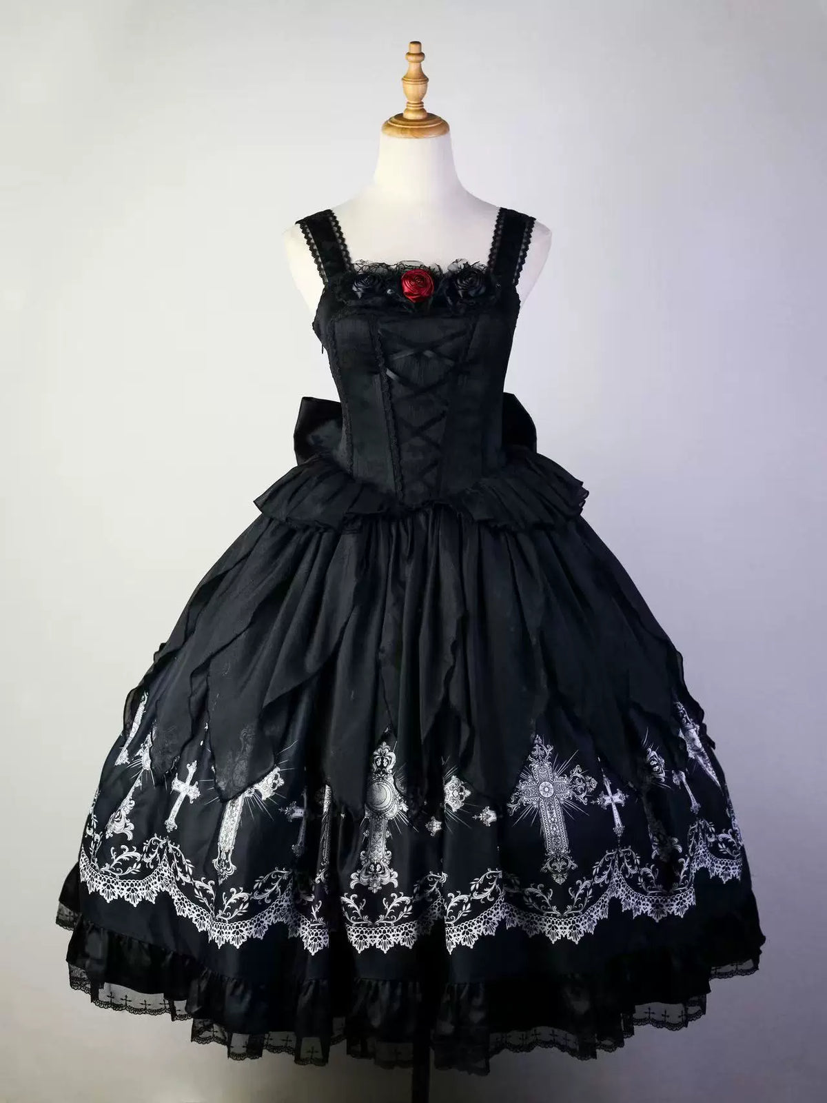 Star Remains Prayer - Elegant Gothic Lolita JSK & OP Dress Set, Cross & Moon Prints 46014:872466