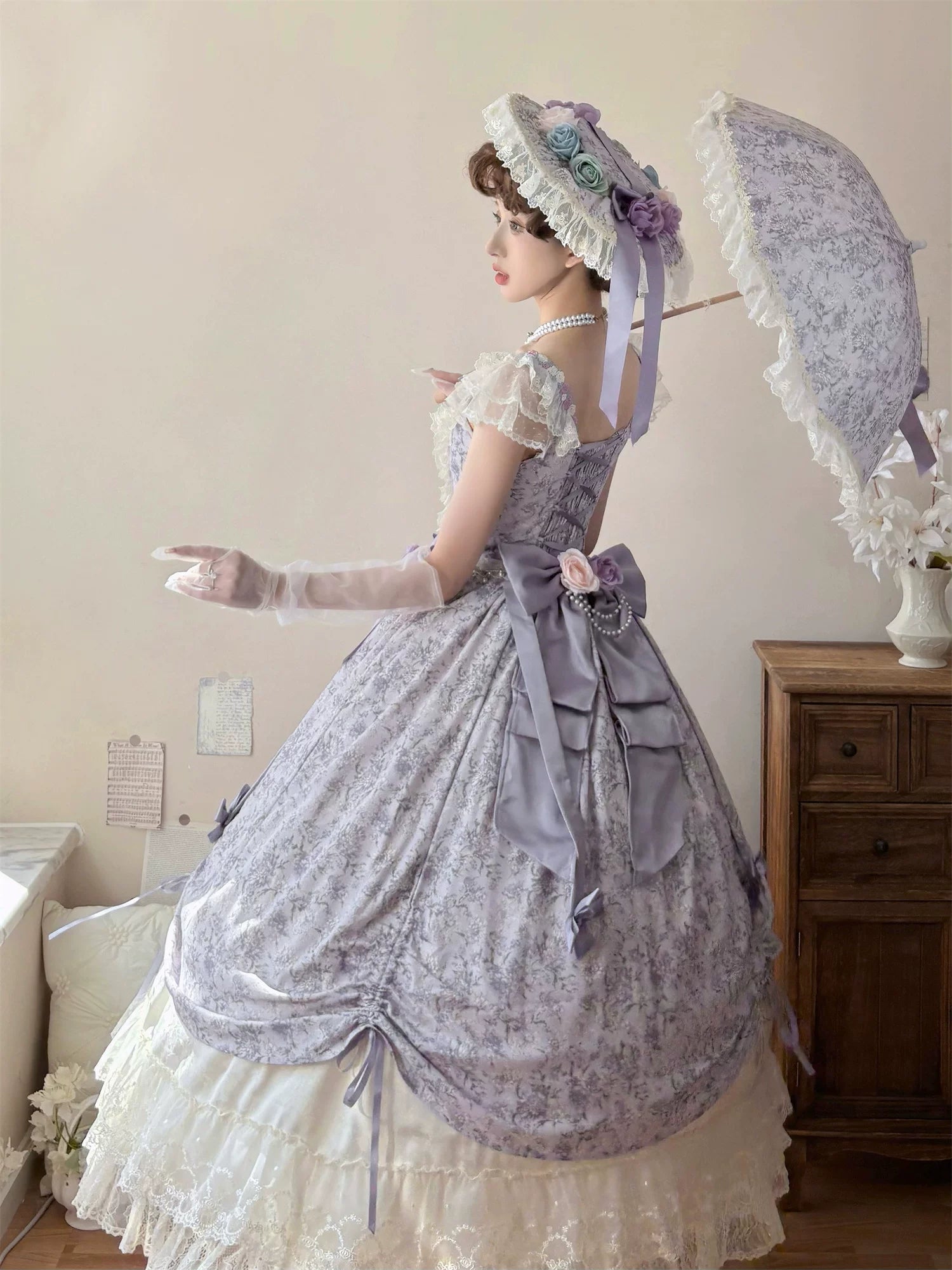 Dolota Flower Wall - Classic Lolita Floral OP Dress, Open Shoulder 44485:811095