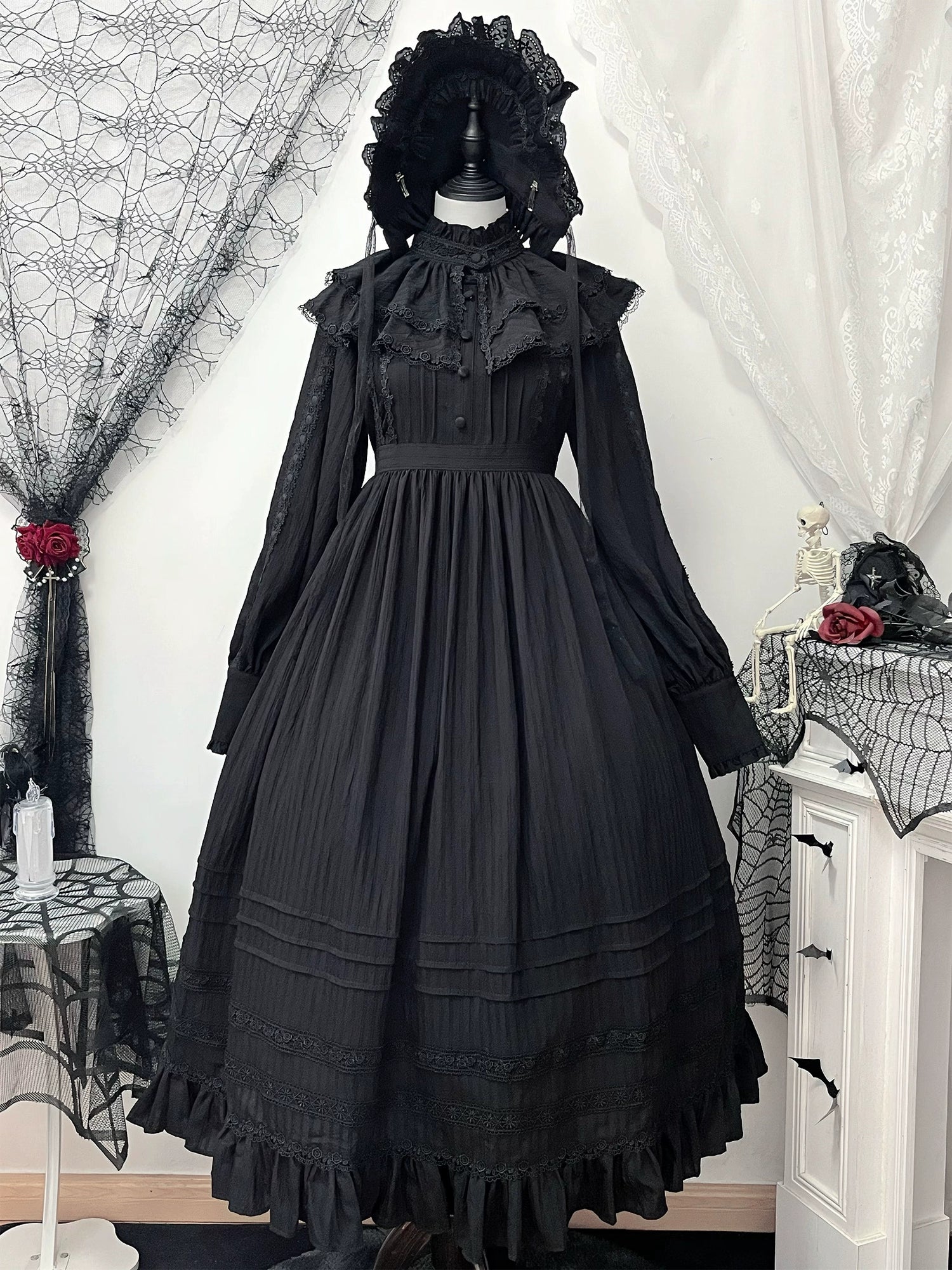 Sanshanjiu - A Quiet Place - Nun Style Gothic Lolita OP Dress Black OP + Black Detachable Collar + BNT XS