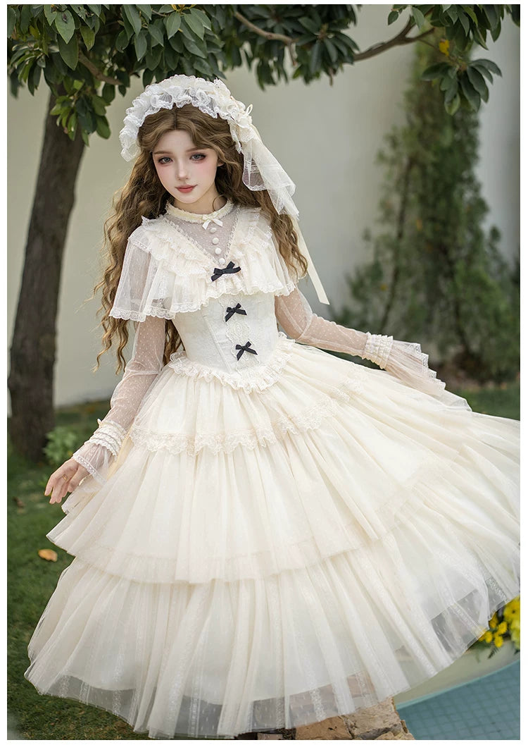 White Mist Promise - Classic Lolita Corset OP Set, Edwardian Collar & Tiered Hem 45173:838306