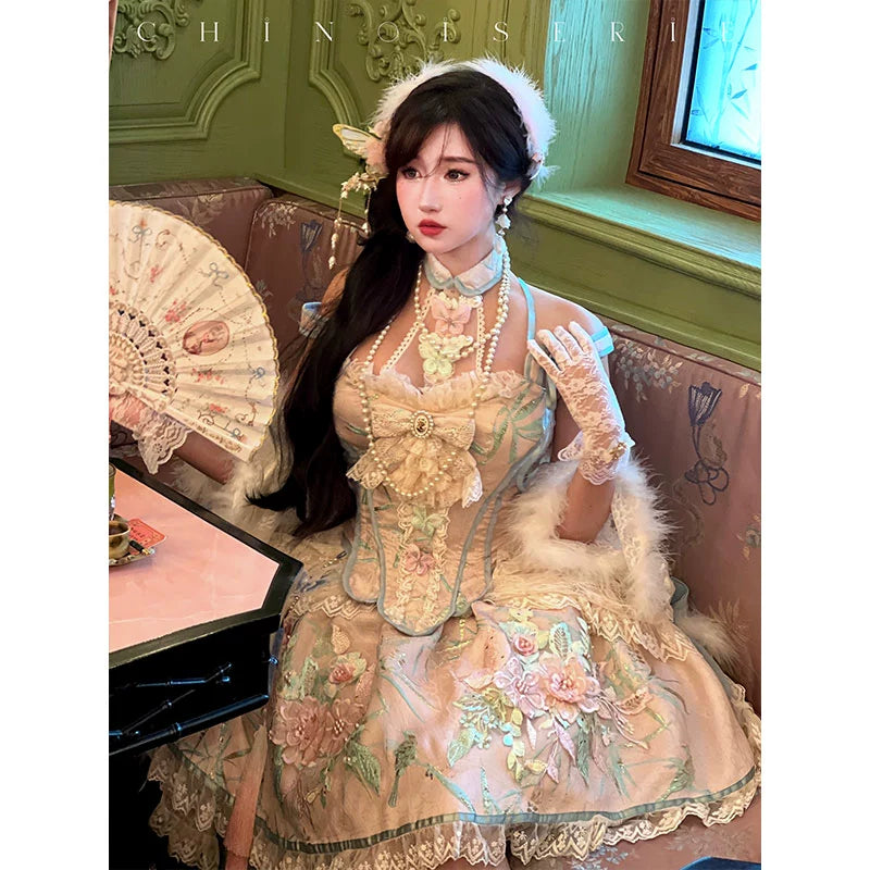 Diamond Honey Lolita~Romantic Chinoiserie Lolita Princess Bodice Set S Canary Bodice and Skirt 