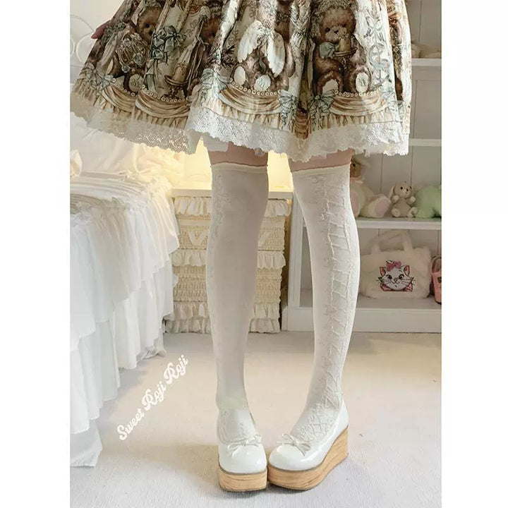 Roji Roji~Classic Lolita Socks Autumn Mid-calf Cotton Socks Light ivory raised bow socks only Free size