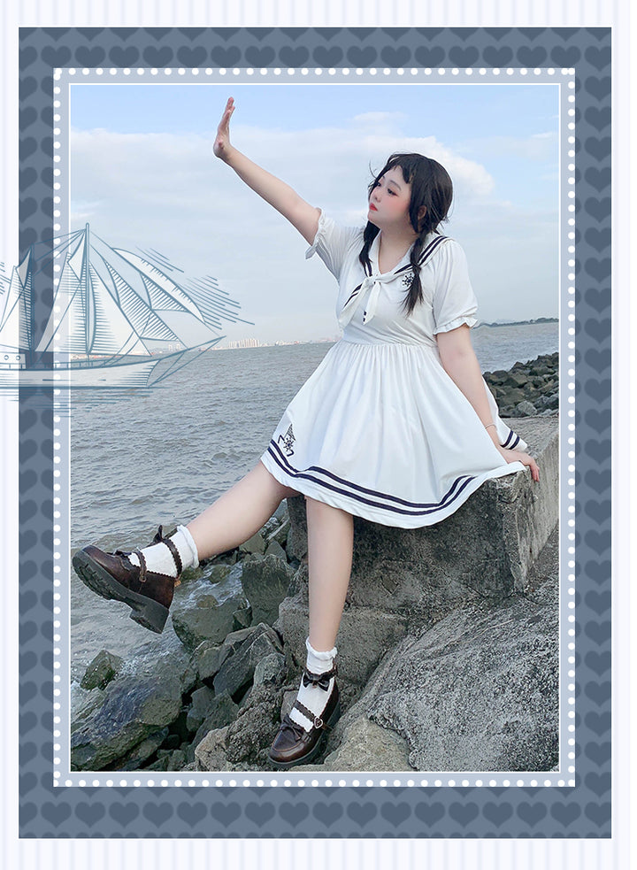 Niu Niu~Plus Size Lolita Dress Navy Sailor Swimsuit Short Sleeve   