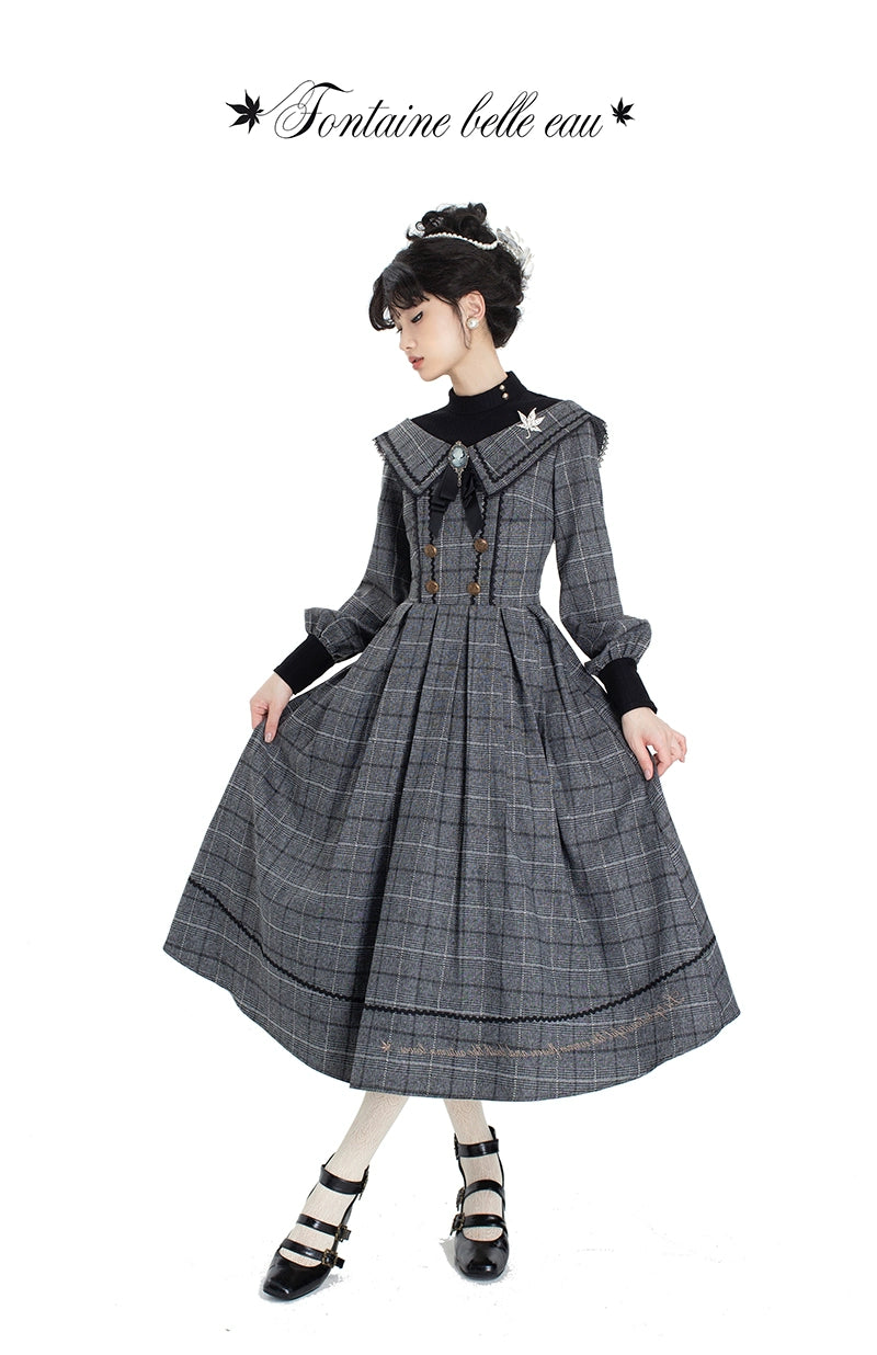 ZeeYe~Maple Dan Bai Lu~Classic Lolita Plaid Dress Long Sleeved OP Gray Plaid OP (with a metal brooch + back long bow) 2XL Short Version