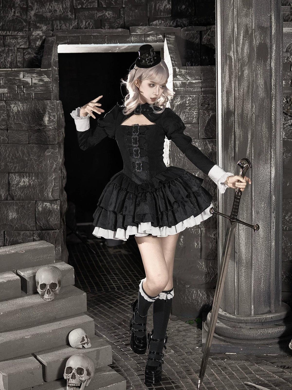 Klein - Black and White Gothic Lolita OP Dress Set, Metal D-rings 45996:871474