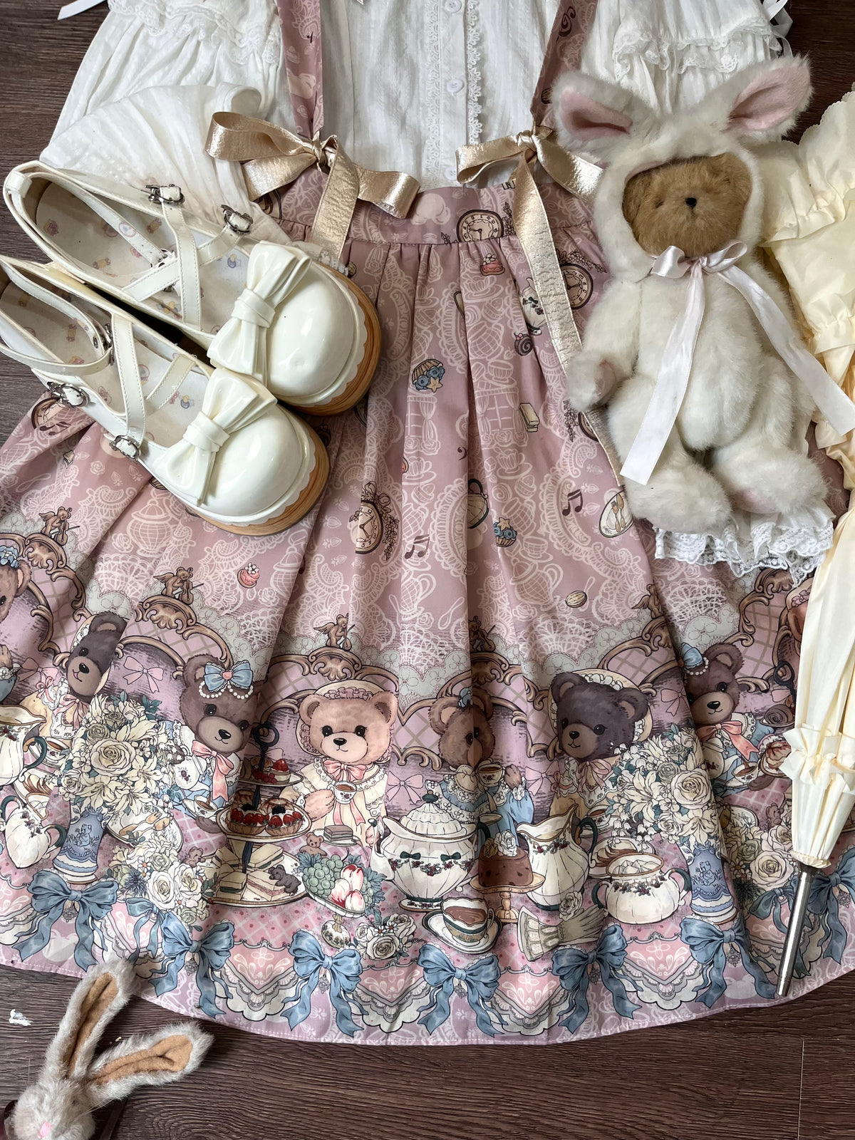 Bear's Tea Party - Kawaii Vintage Lolita Suspender Skirt, Bear Print 46007:871905
