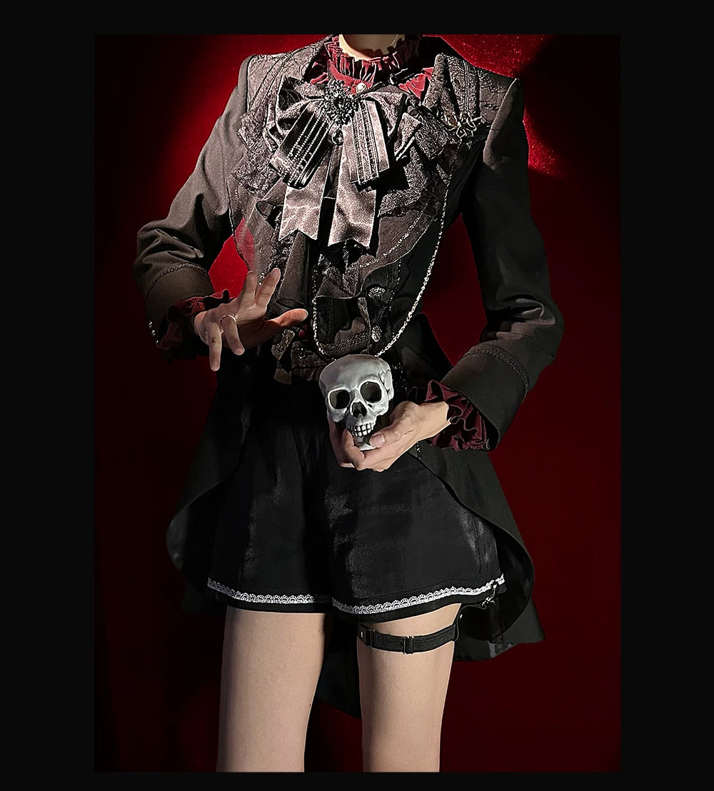 Chapter Seven - Jacquard Faux Two-piece Coat Set, Ruffled Collar Shirt