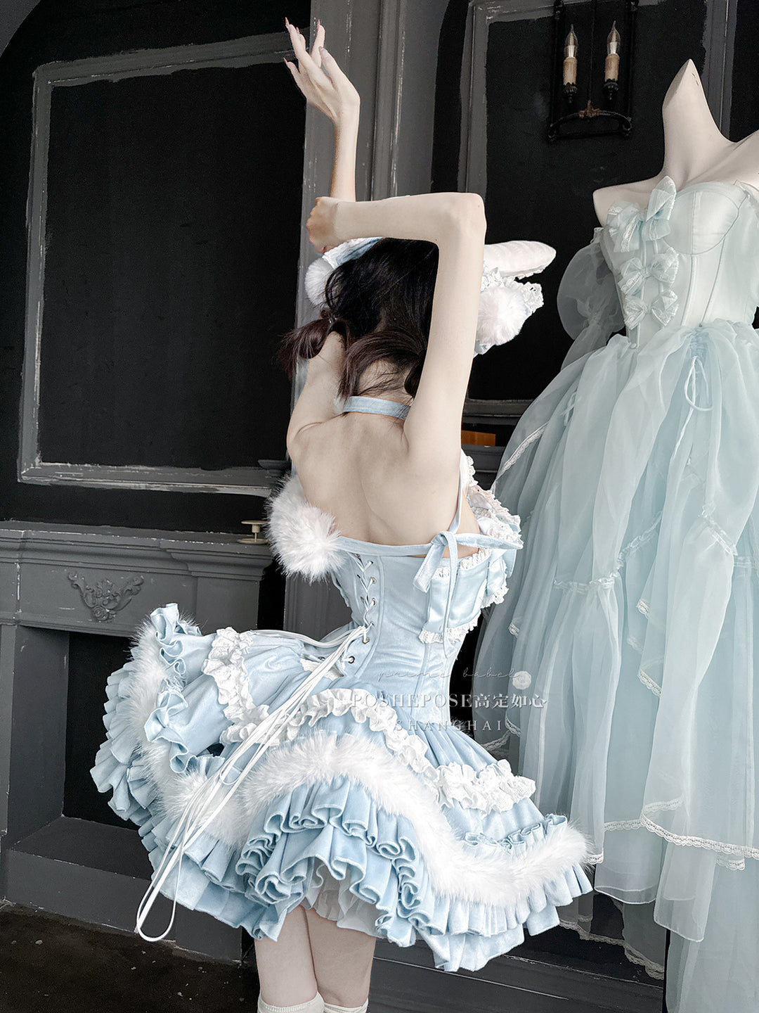 POSHEPOSE~Chuling Swan Lake~Sweet Lolita JSK Set Velvet Blue Dress for Prom
