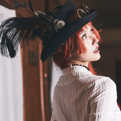 (BFM)Mr. Yi's Steam Continent~Punk Lolita Bonnet Black Feather Wool Flat Top Hat   
