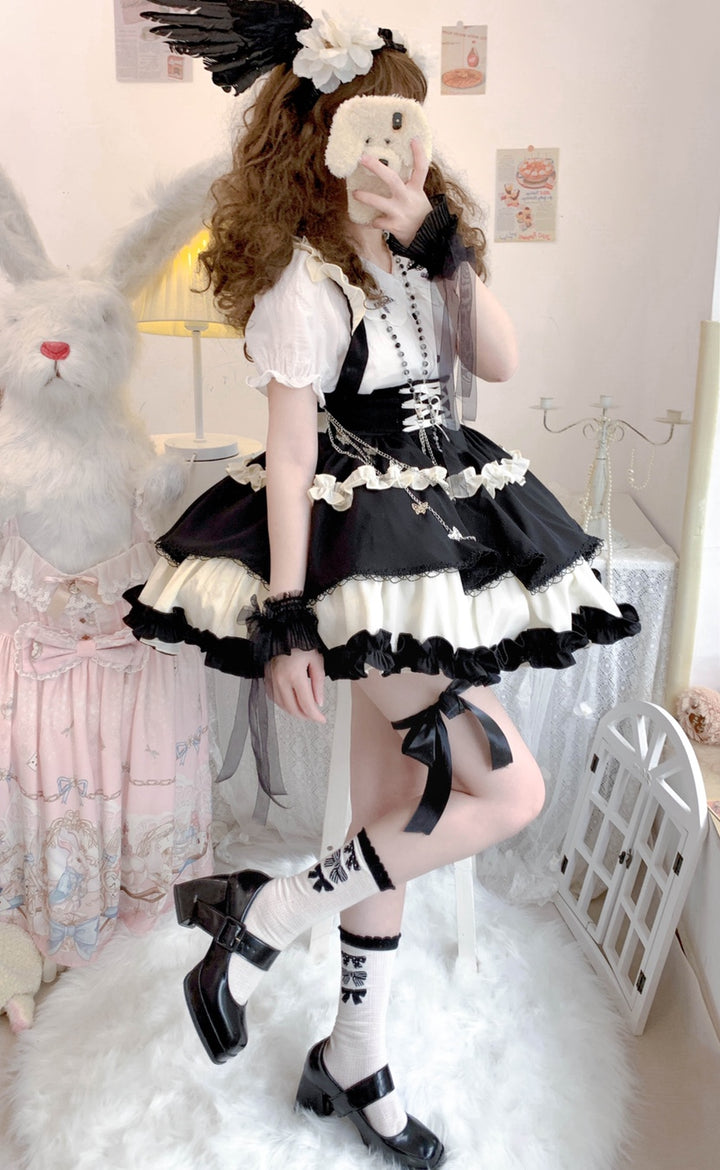 Qianmu~Lollipop~Kawaii Lolita Suspender Mini SK with Tiered Ruffle and Multicolor 42407:739318