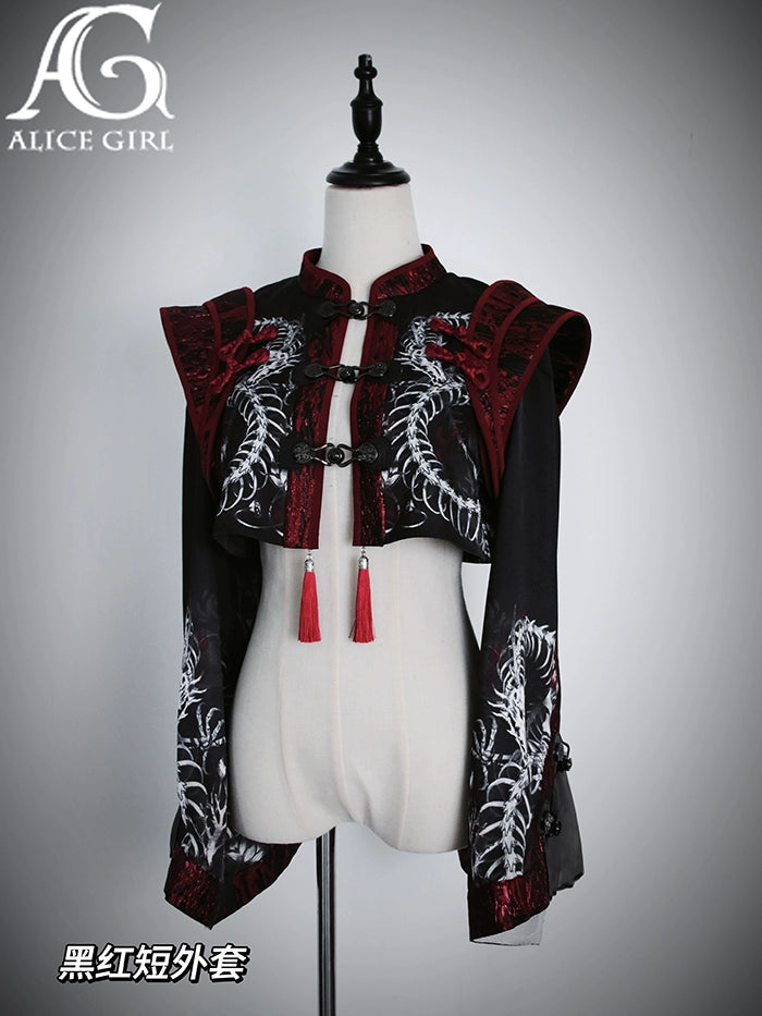 Alice Girl~Bony Dragon~Chinese Style Lolita Coat Silver Dragon Embroidery Long Coat Red and black (short coat) XS 