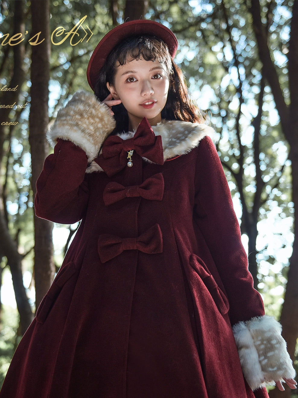 Unideer~Winter Lolita Coat Wool Bow Overcoat S Soy Red 