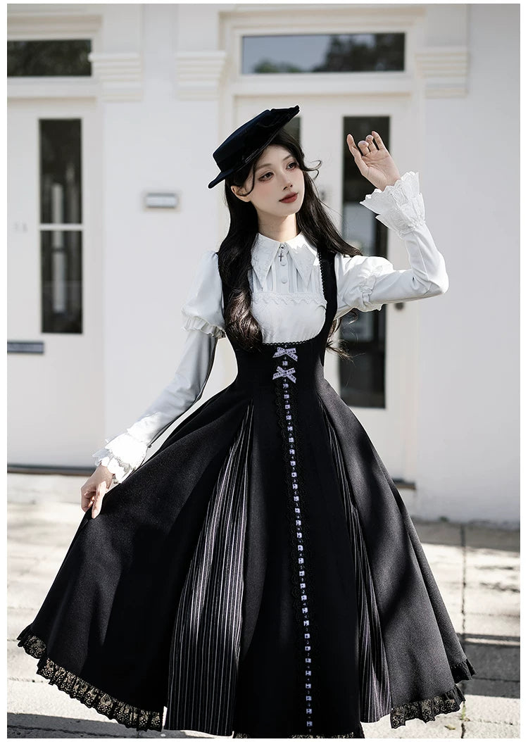Monochrome Sonata - Classic Lolita Bust-supporting JSK Set, Piano Inspired