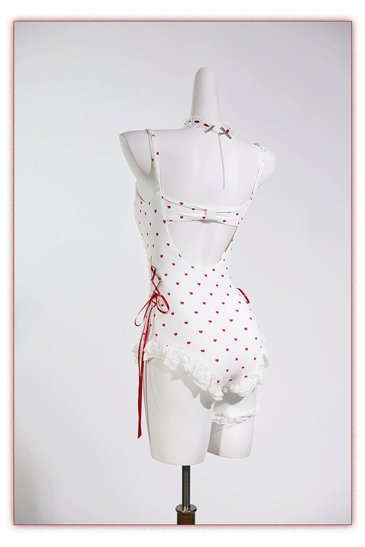 Tan Tuan~Heartbeat Melody~Red & White Lolita-Inspired Swimsuit Set 42997:761407