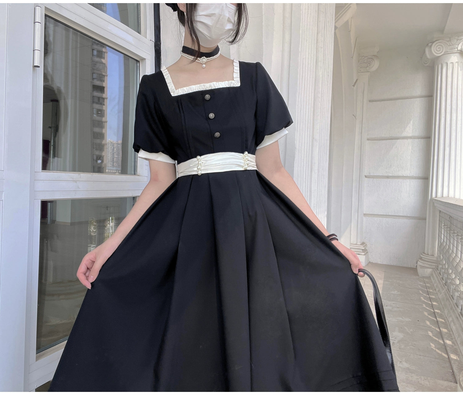 (BFM)HuTaoMuJK~Thoughts~Vintage Lolita OP Dress Square Neckline Black Lolita Dress 35832:504684