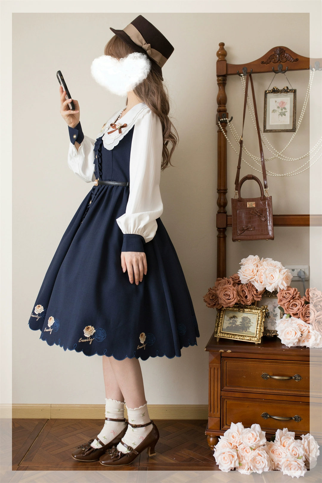 EESSILY~Window Rose~Classic Lolita OP Front Buttoned Embroidery Lolita Dress