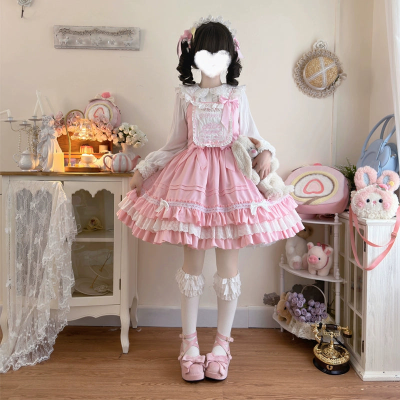 Hanguliang~Sweet Bear~Kawaii Lolita JSK Dress Embroidery Flounce Hem