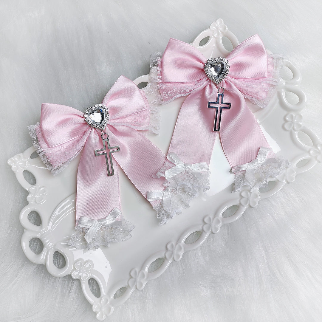 Rabbit Lolita~Landmine~Gothic Lolita Bow Clips Love Lace Cross Hair Accessory White and pink  