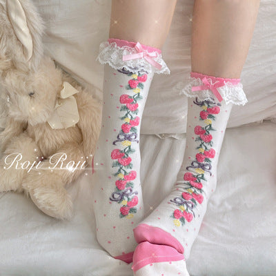 Roji Roji~Autumn Sweet Lolita Cotton Thigh-high Socks rose pink short socks free size 