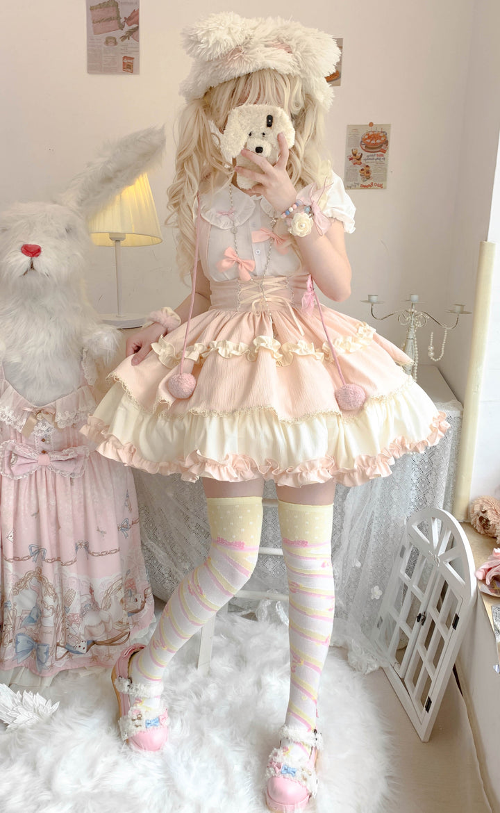 Qianmu~Lollipop~Kawaii Lolita Suspender Mini SK with Tiered Ruffle and Multicolor 42407:739313