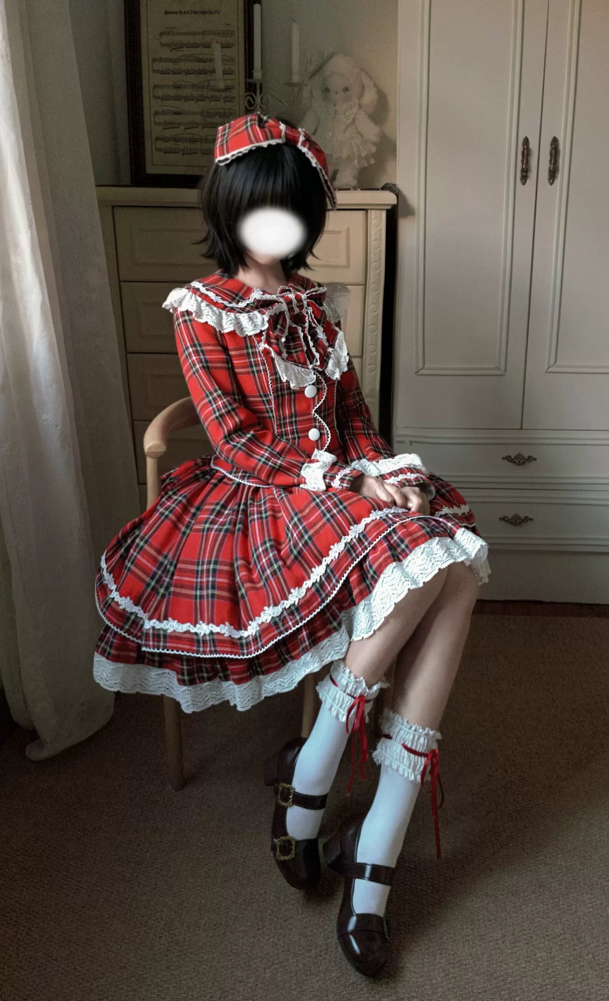 Christmas Knot - Christmas Old School Lolita Jacket & Skirt Set, Red Plaid 46051:873278