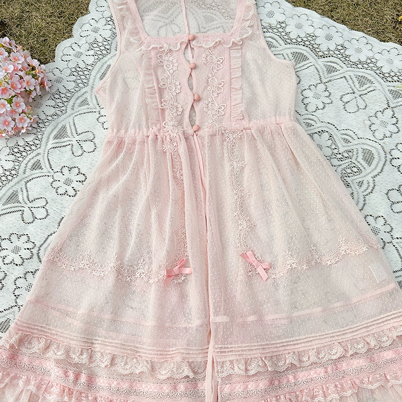 Flower and Pearl Box~Wild Flowers and Fragrant Grass~Country Lolita Blouse and Innerwear with Apron Dress Set XS dotted gauze open-front apron dress (warm pink) 