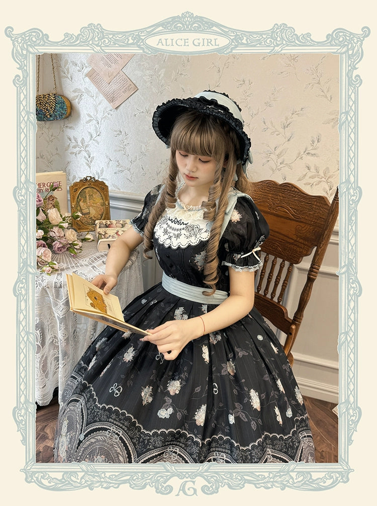 Alice girl~Night Rose~Elegant Lolita Bonnet Embroidered Side Clips bonnet (black)  