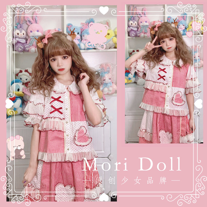 Mori Doll~Peach Tea~Sweet Lolita Dot and Stripe Print Short Sleeve Blouse