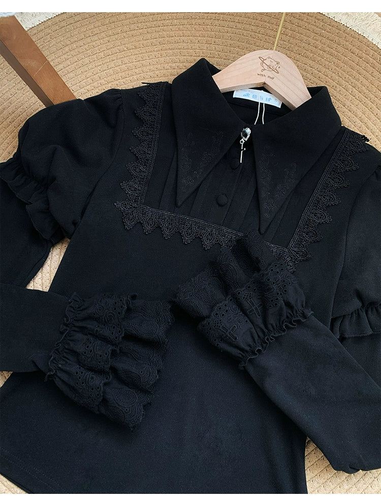 With PUJI - The Vow - Solid Lolita Sweater, Juliet Sleeve, Pointed Collar