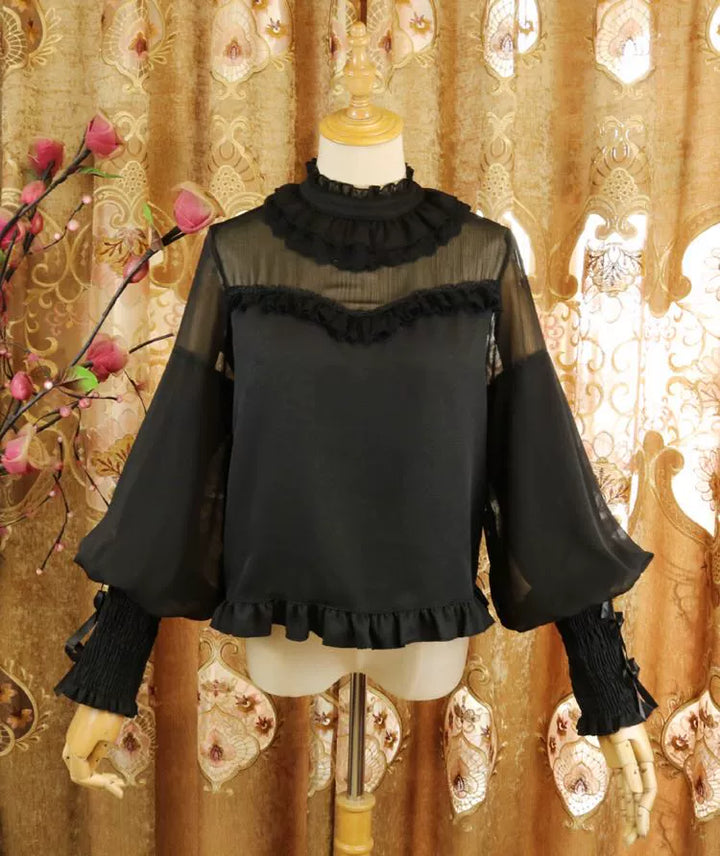 DMFS Lolita~Sweet Lolita Shirt Mutton Sleeves Chiffon Lolita Innerwear Pure black S 