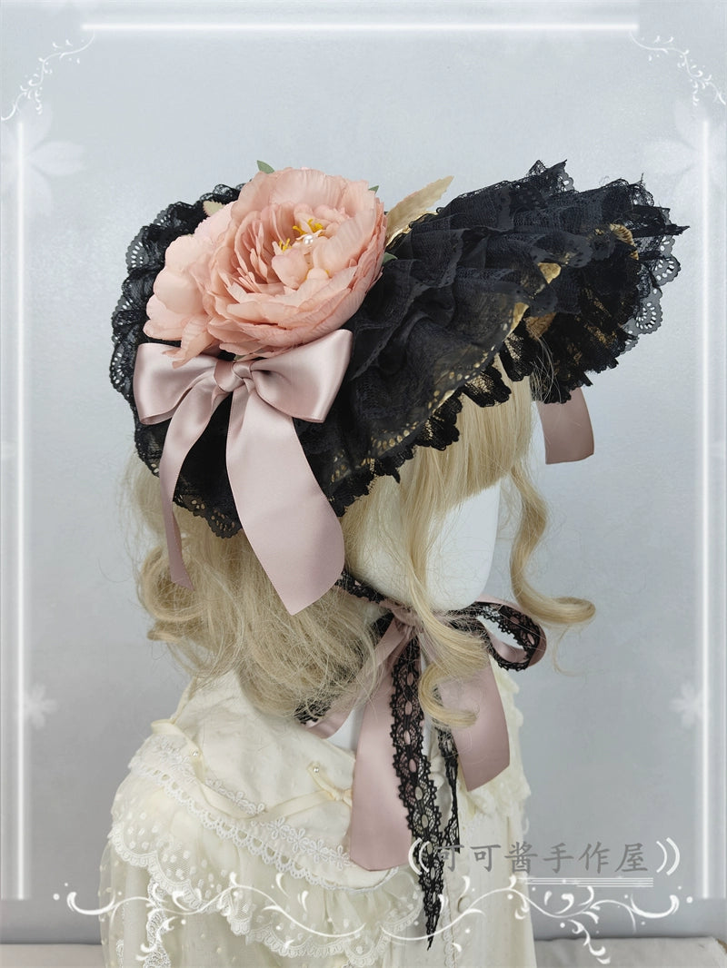 Cocoa Jam - Country Lolita Bonnet Lace Flower Flat Cap Multicolors Customized black smoky pink