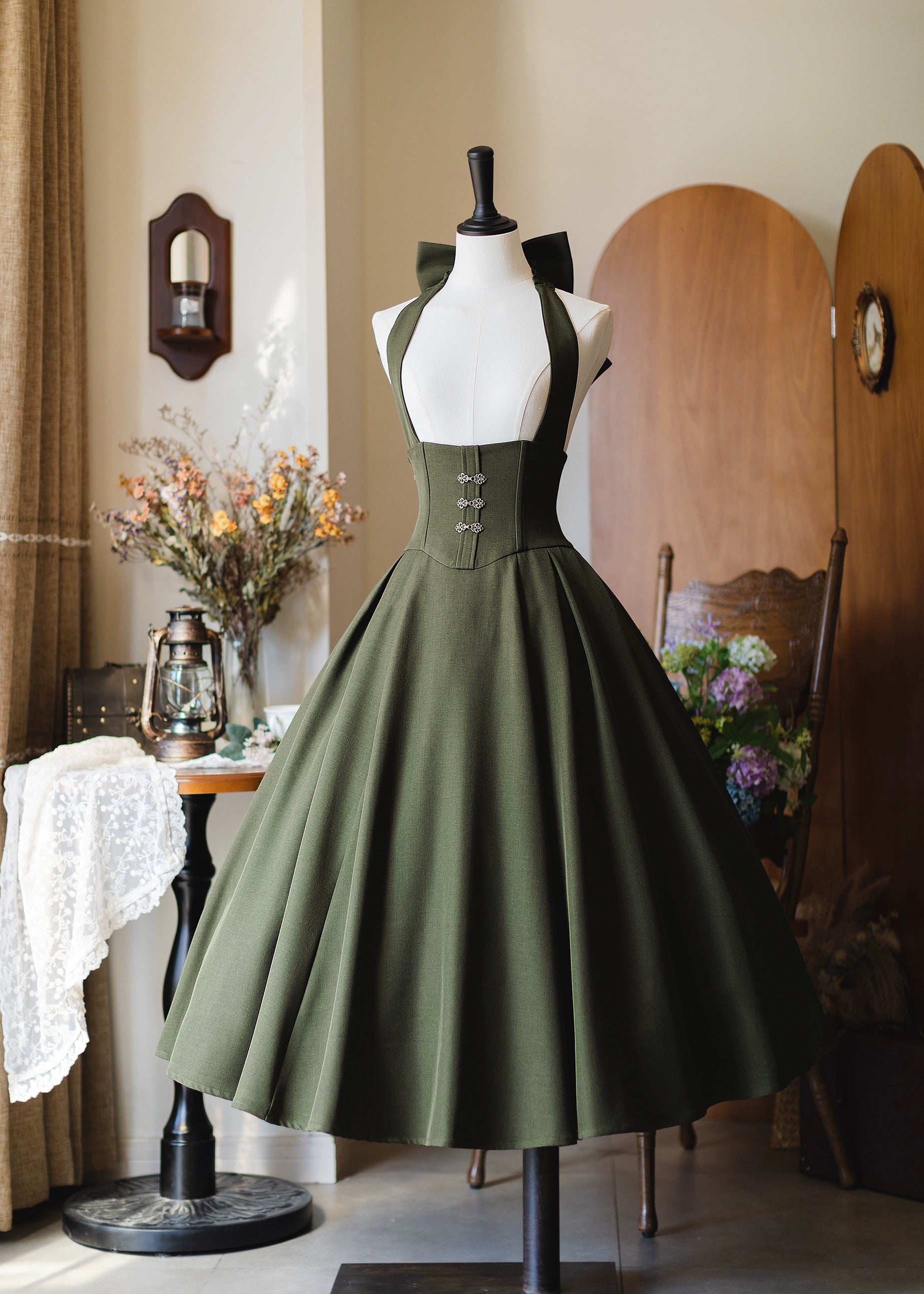 Forest Wardrobe - Vintage Lolita Fishbone Halter SK, Autumn Jacket S Halter Skirt only - Grey-Green Long Version