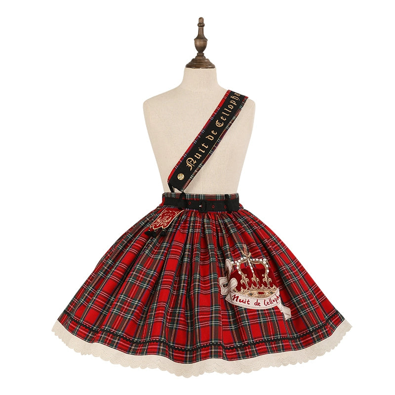 Nuit De Cellophane~Thistle Crown~Punk Lolita Suit Plaid Coat Tiered Skirt XS Red Skirt 