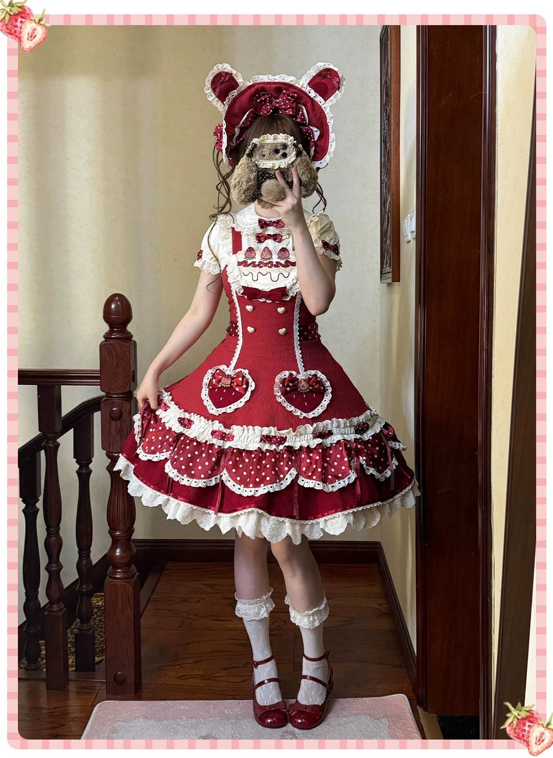 Cream Berry Party - Sweet Lolita JSK Dress, Strawberry Polka-Dot Print 45860:866077