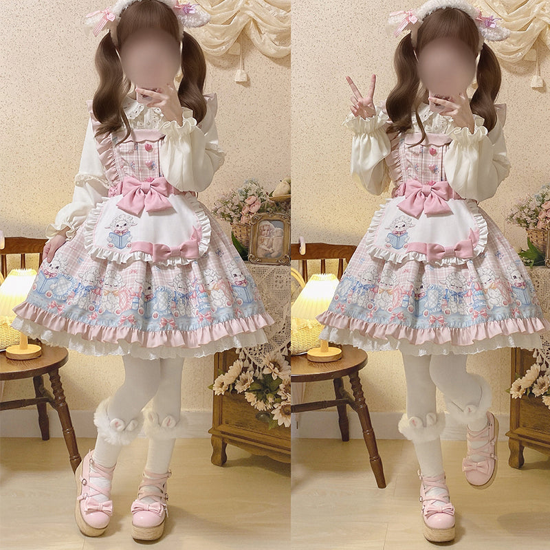 Cinderella~Goat Baa Bedtime Story~Kawaii Lolita JSK pink set ( dress+ side clip +apron+ blouse+brooch) S