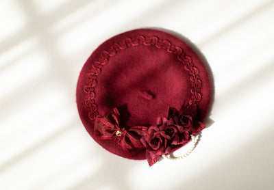 SweetDreamer~Vintage Lolita Beret Woolen Beret for Autumn/Winter Wear Adjustable Wine Red Hat - Wine Red Flower 