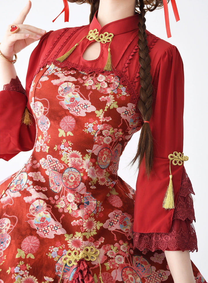 Strawberry Witch~Floral Chinese Qi Lolita OP Dress   